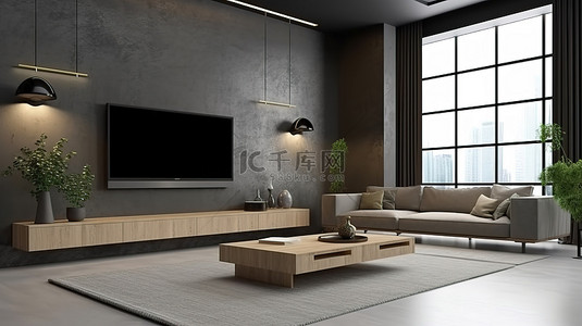 灰色墙壁背景 3d 渲染上带电视和沙发的现代客厅