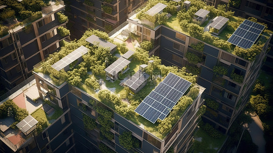 带有绿色空间和太阳能电池板的建筑杰作多层住宅区