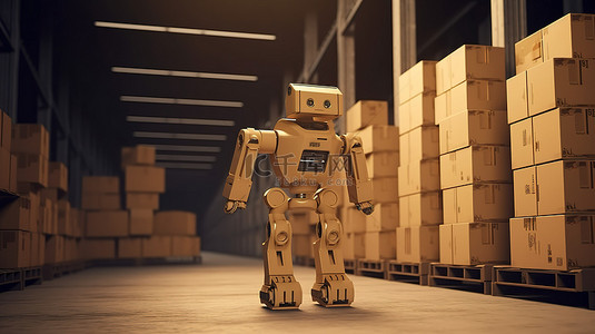 工厂机器人背景图片_仓储中的协作自动化 3d 渲染的机器人协同工作以运输纸板箱