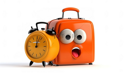 3D 渲染的闹钟吉祥物，白色背景下带有充满活力的橙色旅行箱