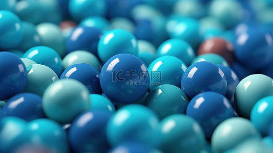 蓝色平面设计背景图片_关闭抽象插图的 3D 渲染，蓝色背景具有一组充满活力的球