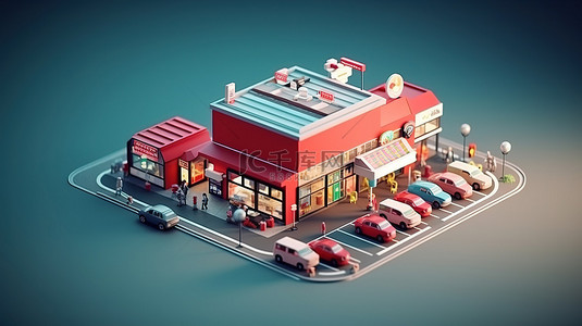 汽车之城背景图片_带汽车的等距便利店的 3D 低聚渲染