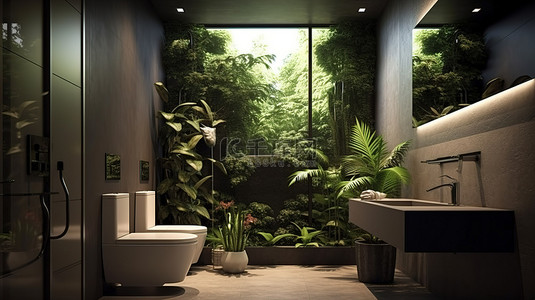 带淋浴厕所和水槽的 3D 渲染浴室的侧视图