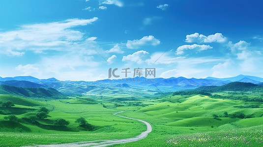 蓝天风光背景图片_1 郁郁葱葱的山景和蓝天的 3D 渲染