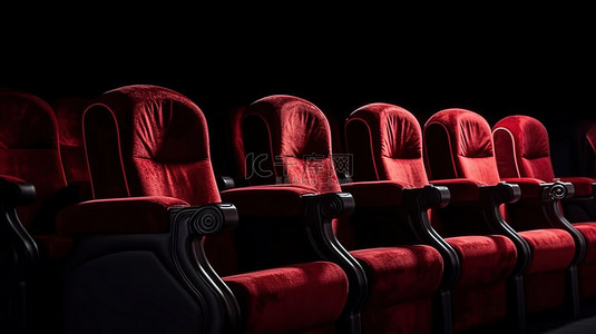 黑色背景下成排的舒适红色电影院椅子的 3D 渲染