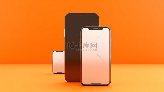 橙色背景上带有聊天框的空白液晶屏智能手机的真实 3D 渲染