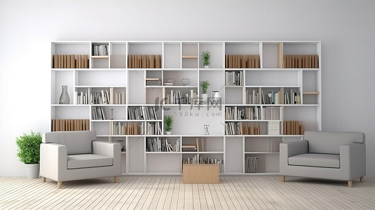 精致的家庭办公室书柜设计与时尚的白墙 3D 视觉效果