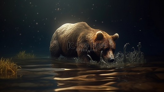 数字河湖背景图片_棕熊在水中钓鱼的数字描绘