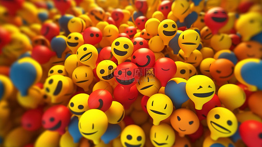 社交媒体气球符号的 3D 渲染，背景中带有评论图标图案，是想法评论或思考反应的完美表示