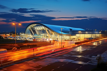 机场大巴背景图片_该建筑位于傍晚机场前的一座城市
