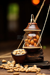 黄中国背景图片_热中国圆锥形帐篷一罐坚果和一个茶壶