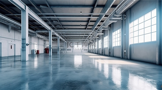 工厂浓烟污染背景图片_室内工厂以完美且空旷的 3D 渲染