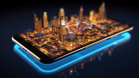 物联网科技线背景图片_未来技术满足城市景观低聚大城市背景与智能手机和智能城市技术的 3D 渲染