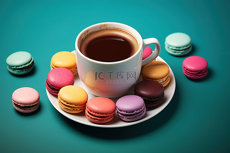 卡咖啡背景图片_图像是一个杯子和彩色马卡龙