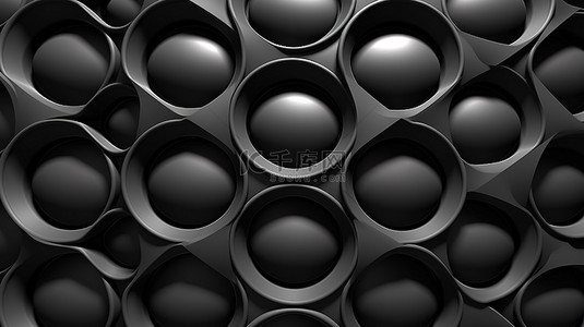 几何流行背景图片_黑色圆圈中抽象几何图案的微妙 3D 渲染插图