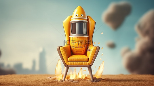 创新的自由职业者卡通人物在椅子火箭上翱翔 3D 概念插图为初创公司