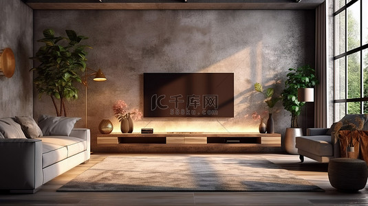 时尚的客厅，配有大型电视灯和混凝土墙和木地板上的植物 3D 渲染
