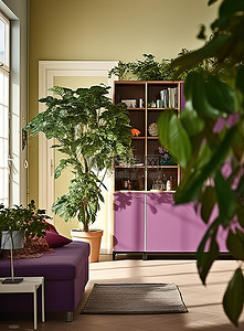客厅里有大型紫色橱柜大型植物和盆栽