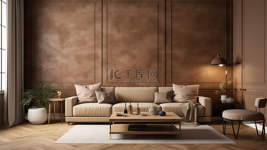华丽的浅棕色沙发位于 3D 渲染的客厅中，墙壁装饰令人惊叹
