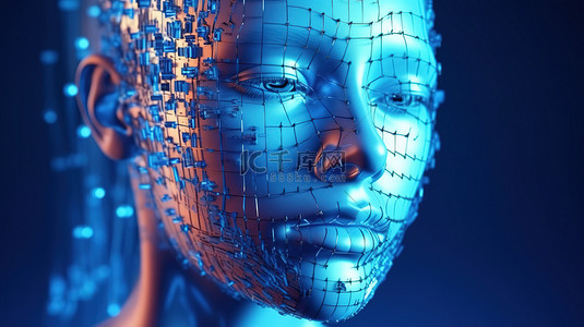 带有链式加密元素的未来派全息机器人脸