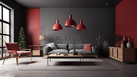当代生活 3D 渲染的灰墙红木室内场景插图
