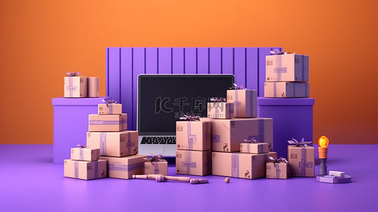 数字营销推广紫色背景的 3D 渲染，带有包裹盒在线购物商店和计算机交付
