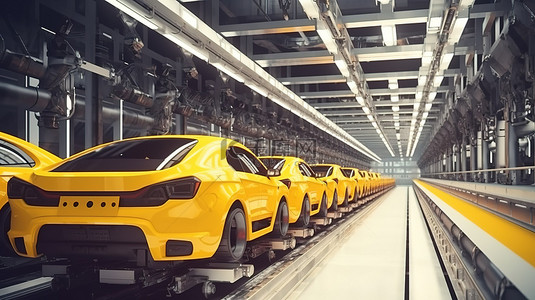 汽车机械背景图片_汽车工厂的未来装配线机器人自动化 3D 渲染
