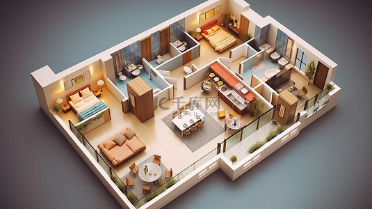 等距房屋背景图片_公寓或房屋的 3D 平面图渲染