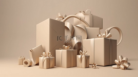圣诞节插画背景背景图片_商业设计理念米色礼盒 3D 渲染，带有一丝奢华