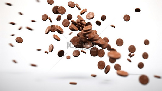 脆脆饼背景图片_白色背景下飞行中圆形巧克力片的 3D 插图