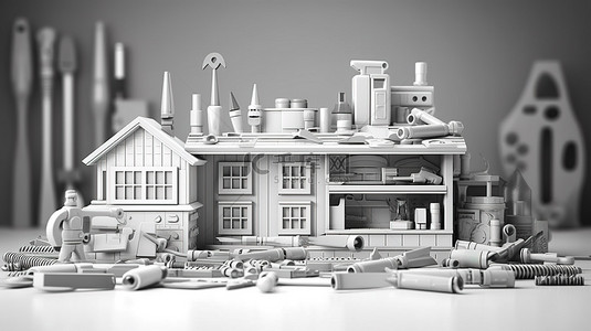 木工工作背景图片_家庭维修工具套装白色集合，包含建筑店建筑商所有基本工具的白色集合 单色背景上的 3D 插图