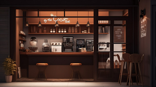 园林路边小店背景图片_棕色主题小咖啡馆 3D 渲染背景