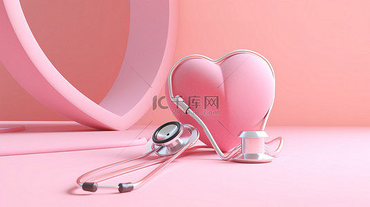 医生电脑背景图片_粉红色医疗背景，带听诊器和 3D 渲染的健康保险卡