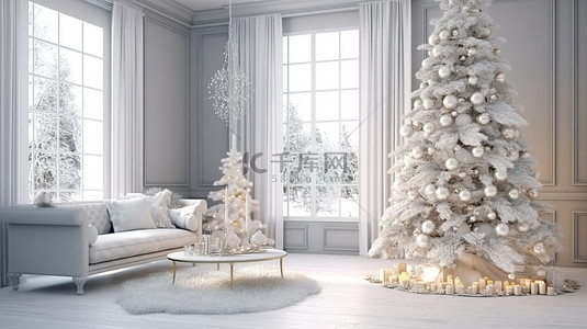 客厅里现代斯堪的纳维亚农舍风格圣诞树的 3D 插图