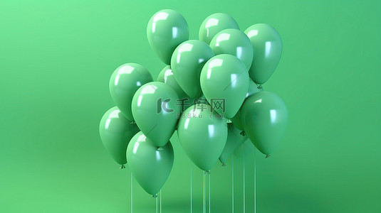 漂浮在绿色背景上方的彩色气球的 3D 渲染