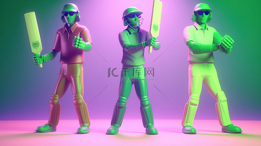 不同角色背景图片_在绿色和紫色体育场背景下以 3D 渲染的不同姿势的各种板球运动员