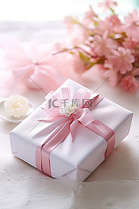 父亲新娘背景图片_带蝴蝶结和鲜花的新娘礼物，背景为桌子