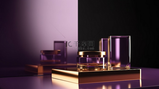 方形格式的 Instagram 帖子，以 3D 渲染呈现金色和紫色的产品展示