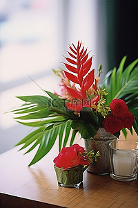 厨房桌子上热带花卉布置的照片