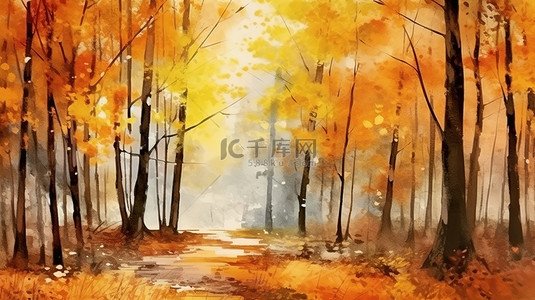 秋季红叶背景图片_抽象水彩画 3D 插图中穿过秋季森林的充满活力的路径，色彩缤纷的树叶