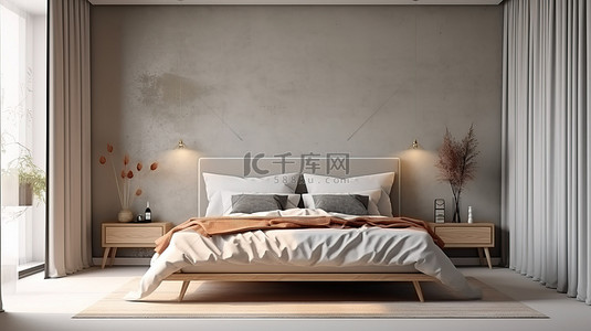 斯堪的纳维亚风格简约卧室室内模型，空墙背景上有一张灰色床，3D 渲染