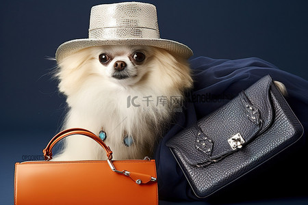 狗帽子背景图片_一只戴着帽子穿着裙子和钱包的狗