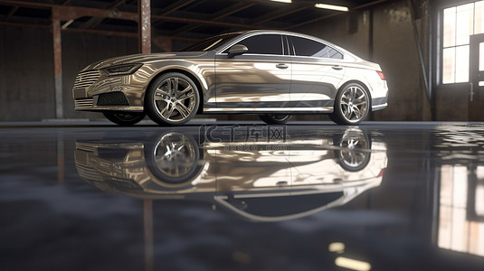 展示汽车背景图片_机库中展示的时尚 3D 轿车，带有水坑反射，非常适合汽车产品广告