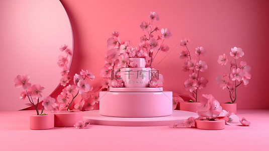 3d 渲染中的粉红色背景春季讲台