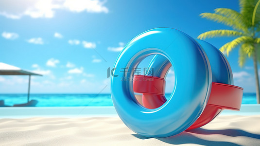 蓝色夏季背景上沙滩球和泳池环的 3D 渲染