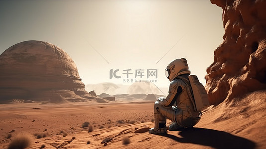 科幻科技空间背景图片_宇航员从 3D 渲染的殖民地凝视火星景观