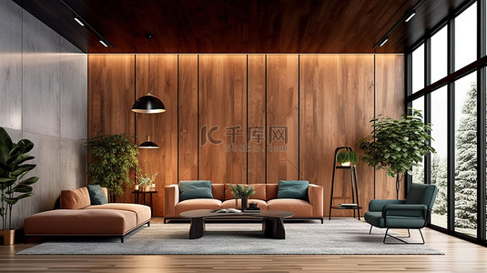 木质墙背景背景图片_带木质装饰墙的别致客厅的 3D 渲染