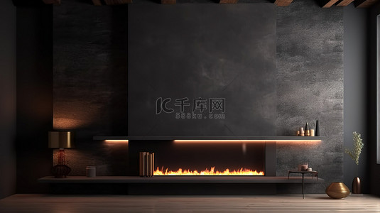 家具设计背景图片_时尚的现代壁炉家具设计，具有引人注目的深色混凝土墙和发光的 3D 效果