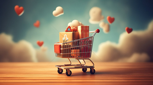 云商城背景图片_3D 渲染描绘在线购物概念与购物车礼品盒智能手机和云