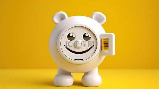 吉祥物角色的 3D 渲染是一台现代白色洗衣机，带有存钱罐和充满活力的黄色背景上的金币